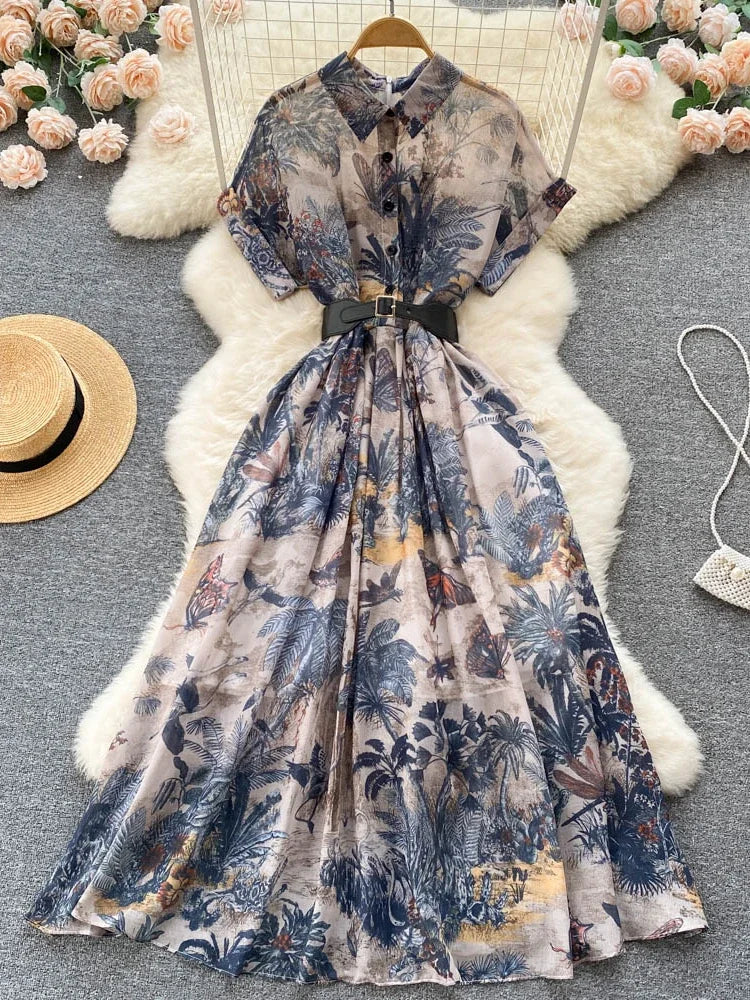Floral Print Button-Down Chiffon Shirt Dress