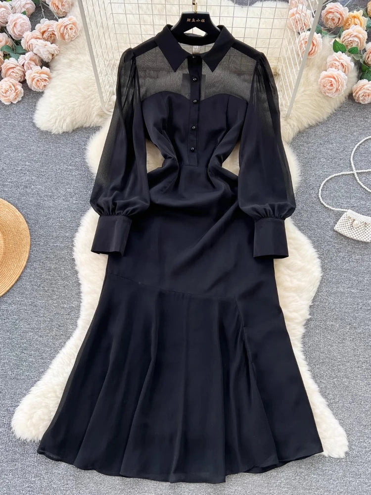 knee length dresses for ladies Puff Sleeve Premium Lace Midi Dress in Blue