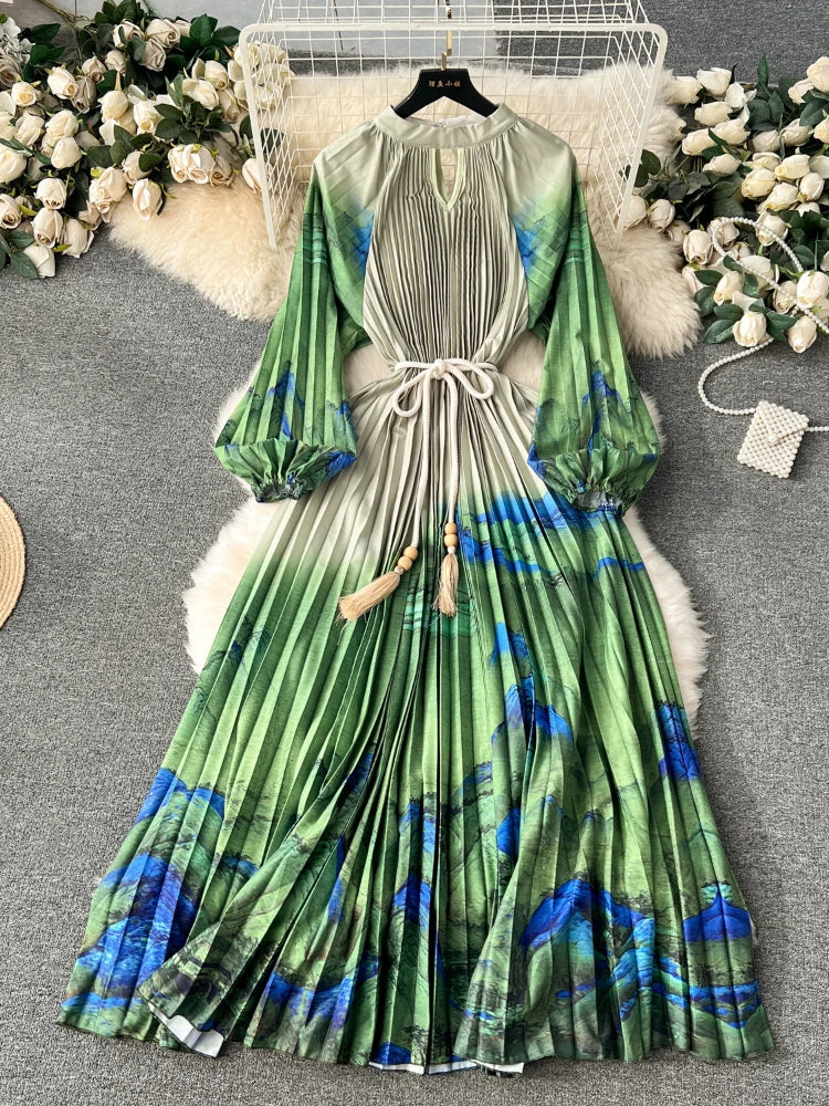 chinese dress ladies Ieena for Mac Duggal - Green Pleated Long Sleeve V-Neck Gown main image 0