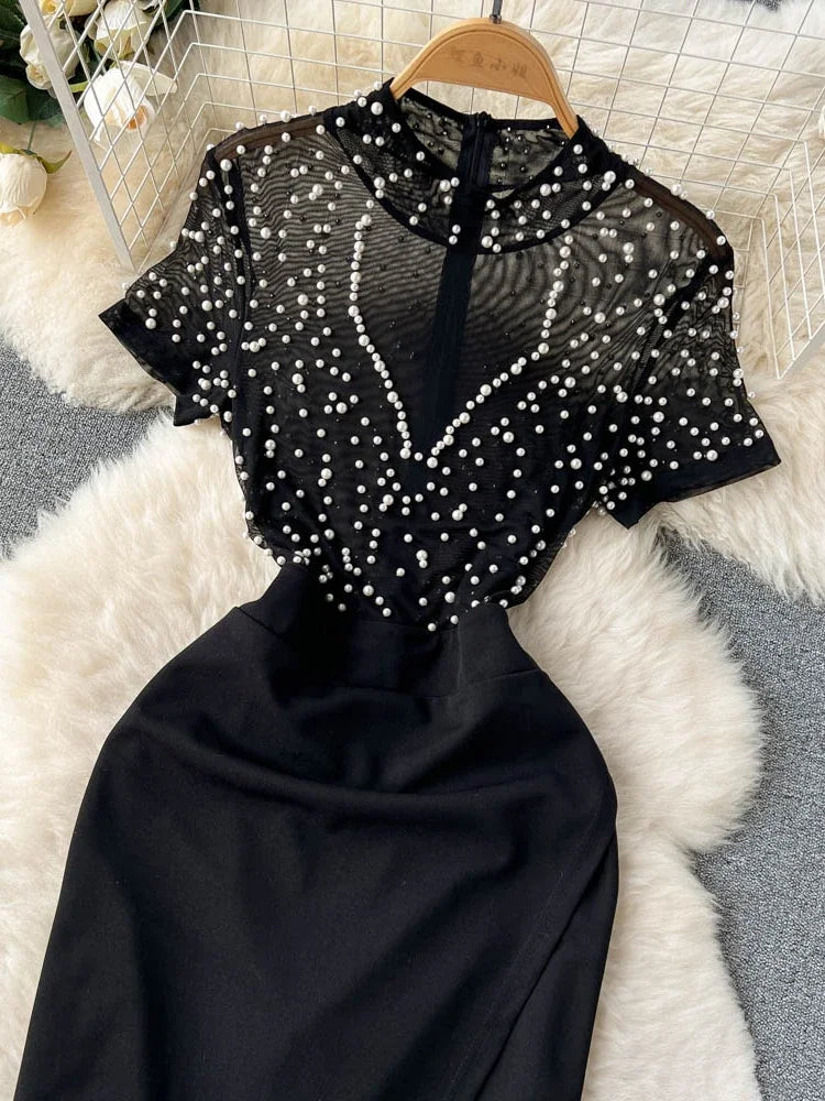 chinese dress ladies Luxe Design Lace-Up Pearl Rhinestone Mini Dress