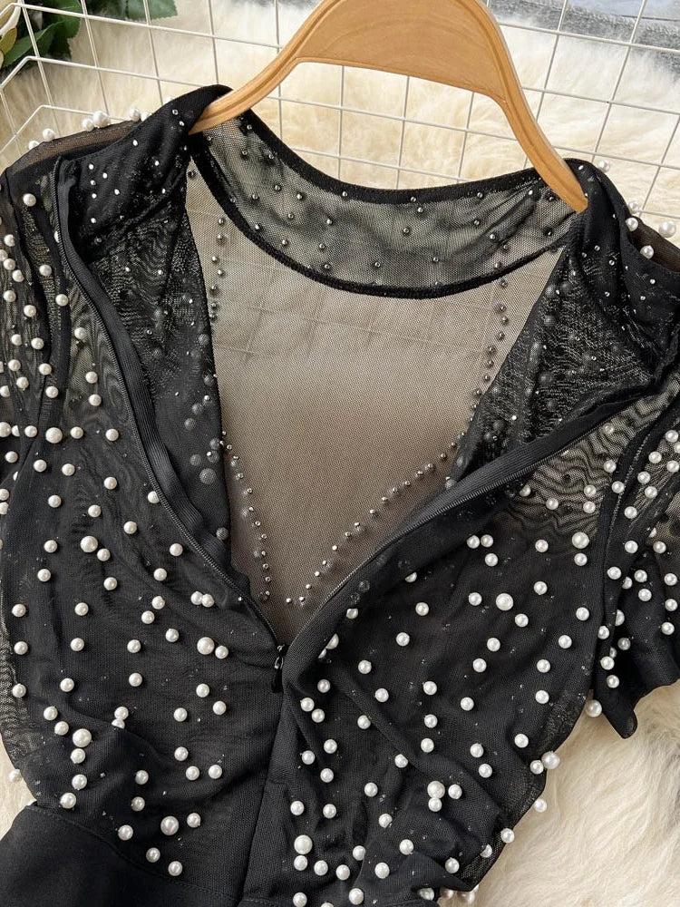 chinese dress ladies Luxe Design Lace-Up Pearl Rhinestone Mini Dress