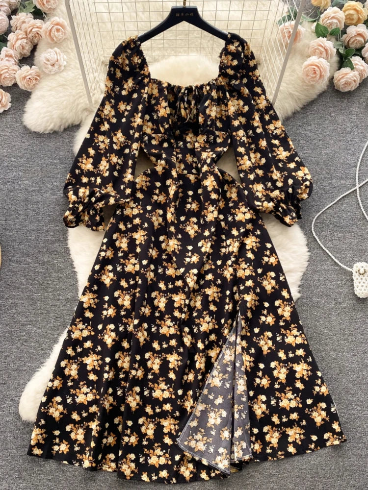 Floral Off-Shoulder Bohemian Long Sleeve Dress, Casual Midi Dresses 2025 Spring Summer Dresses 2025