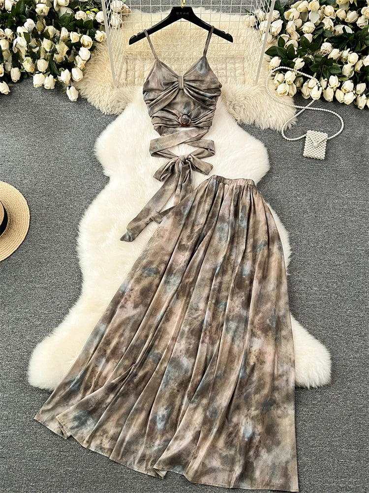 Elegant Tie-dye Two-piece Maxi Dress Set