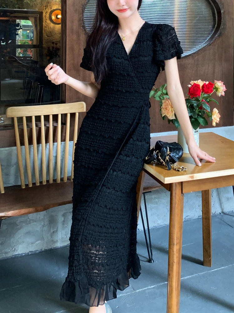 knee length dresses for ladies CurveWow Lace Sleeve Wrap Dress Black – Curvewow