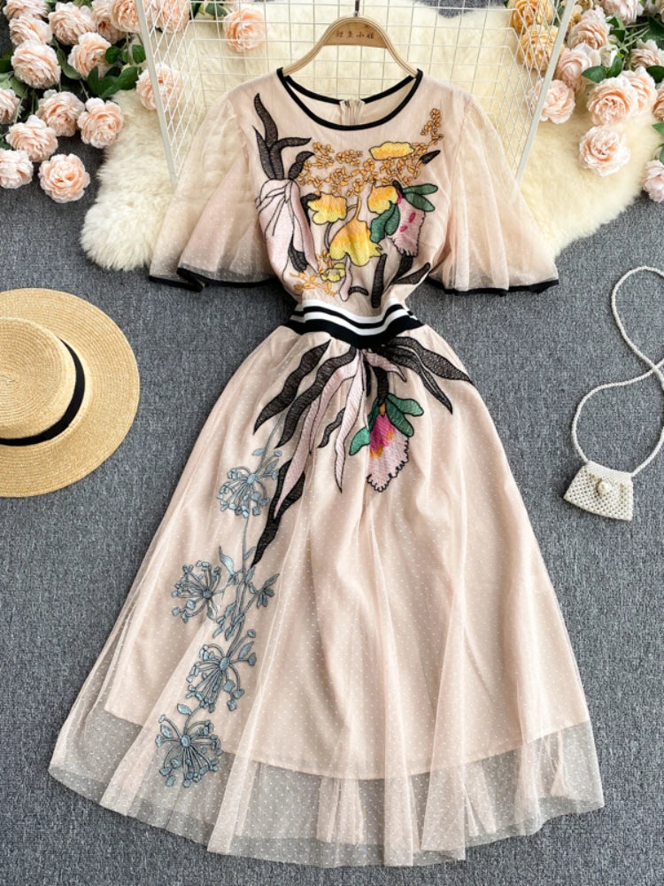 chinese dress ladies Strappy Sleeveless Floral Mesh Sequins Embroidered Maxi Dress KLYF1373 main image 0