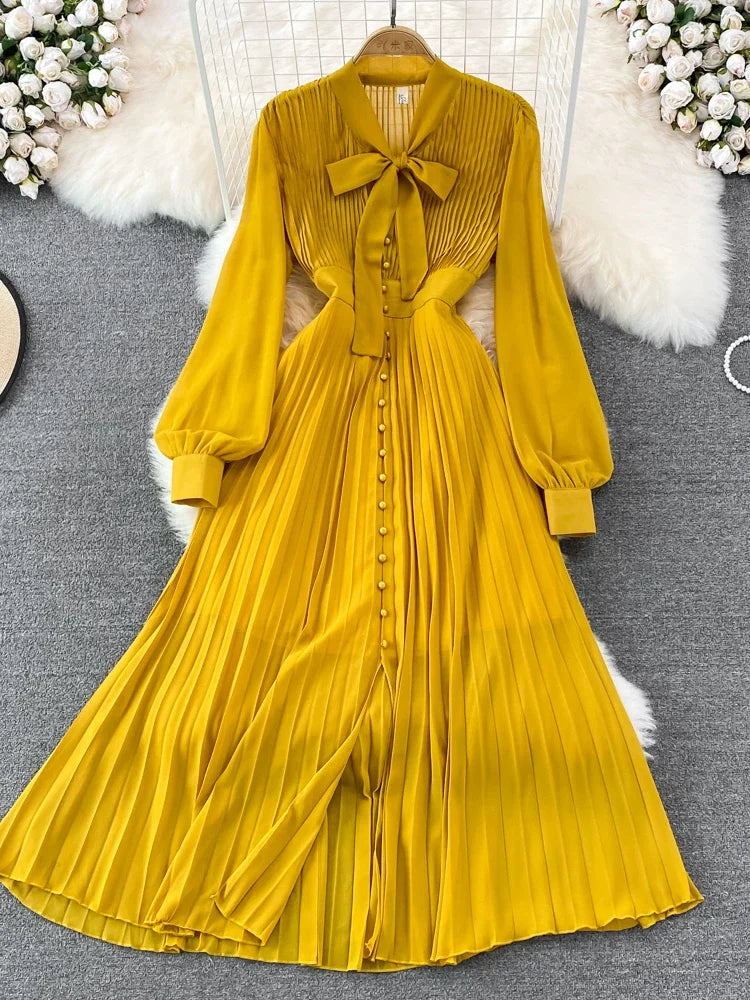 Mustard pleated midi dress cheap