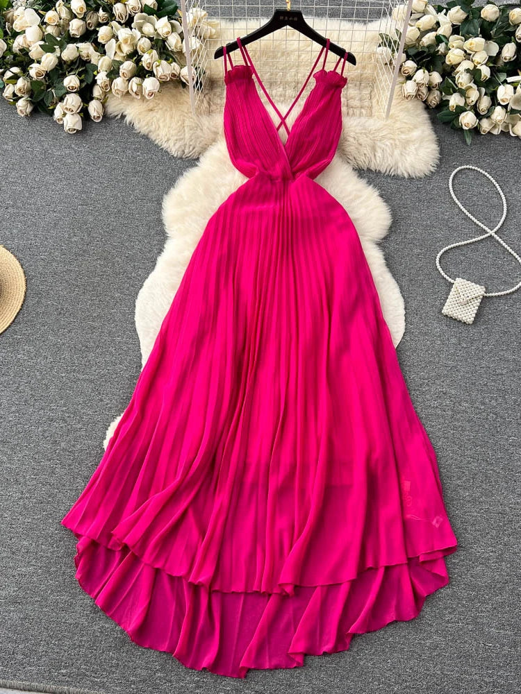 elegant fuchsia dress Fuchsia Formal Dresses Long Simple Spaghetti Straps Elegant V-Neck Flo main image 1