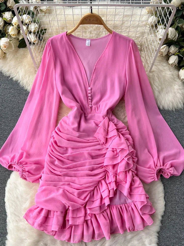 Pink Long Sleeve Ruffled Chiffon Mini Dress