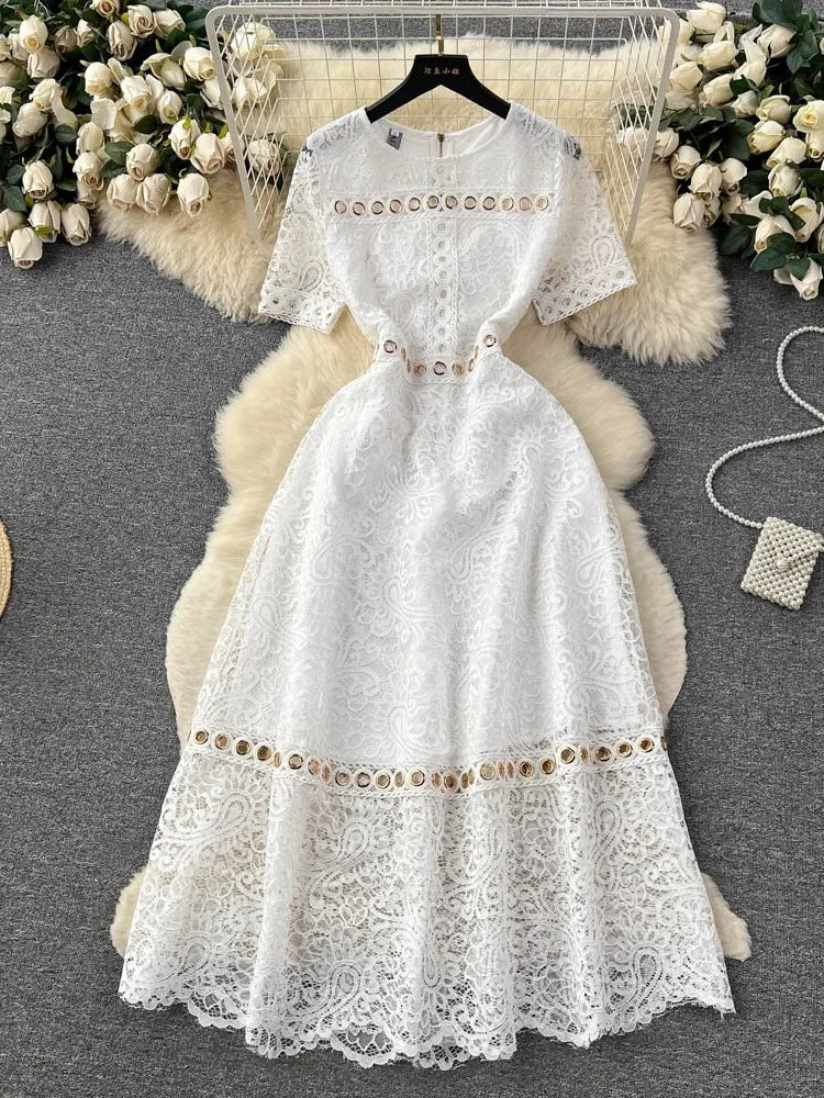 Elegant White Lace Maxi Dress With Cutouts