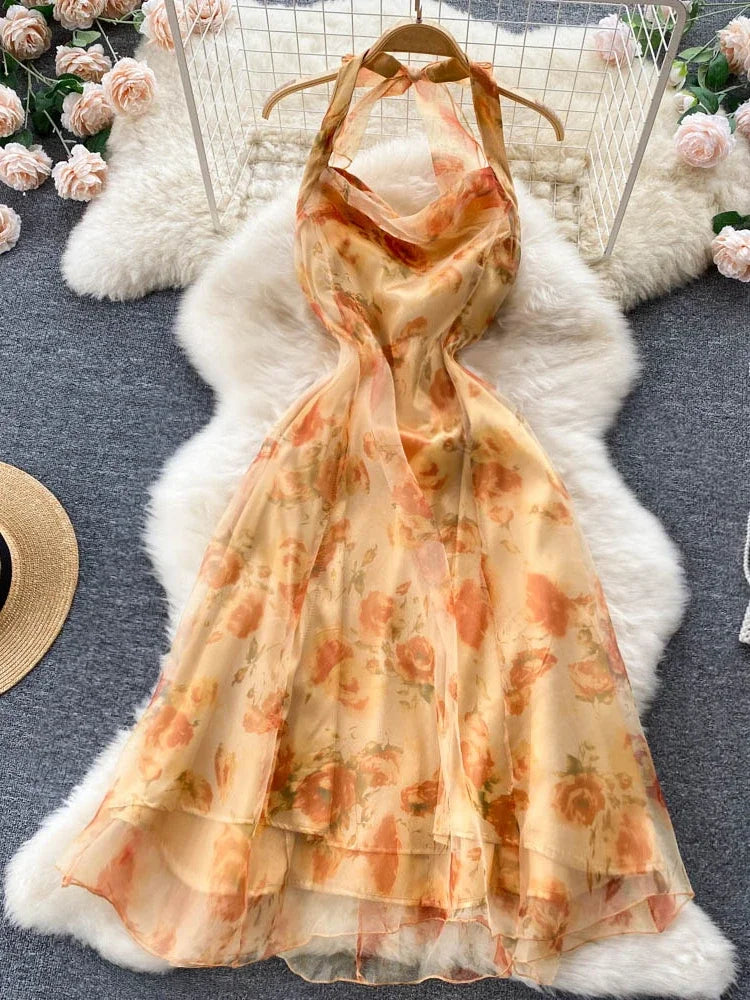 Floral Halter Neck Chiffon Summer Maxi Dress, Casual Midi Dresses 2025 Spring Summer Dresses 2025