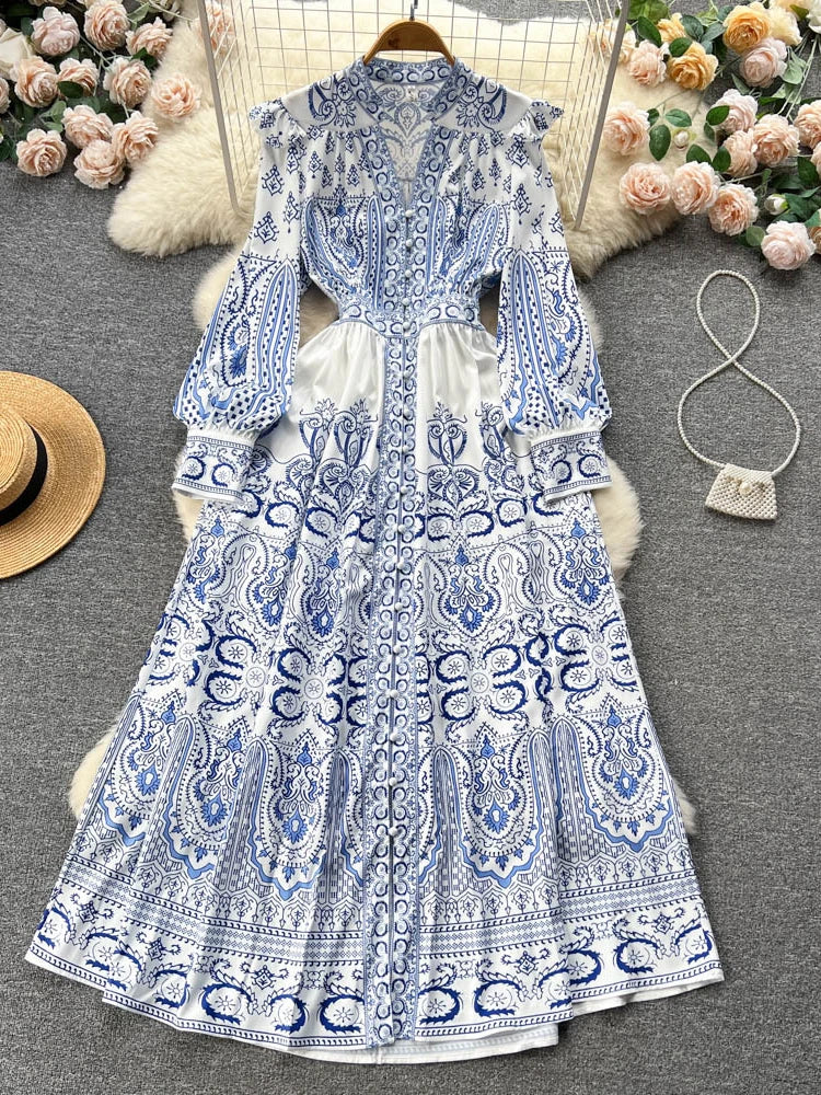 Bohemian Long Sleeve Blue And White Dress