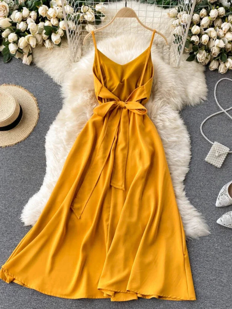 Elegant Mustard Yellow Spaghetti Strap Maxi Dress on Luulla