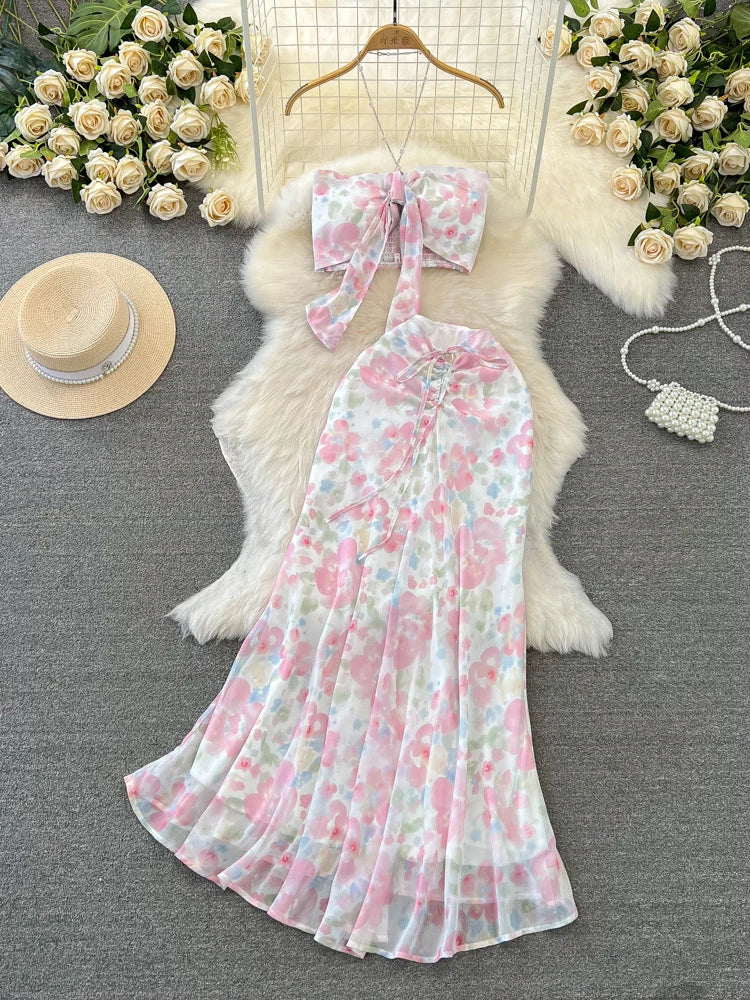 Floral Print Two-Piece Maxi Skirt Set, Casual Midi Dresses 2025 Spring Summer Dresses 2025