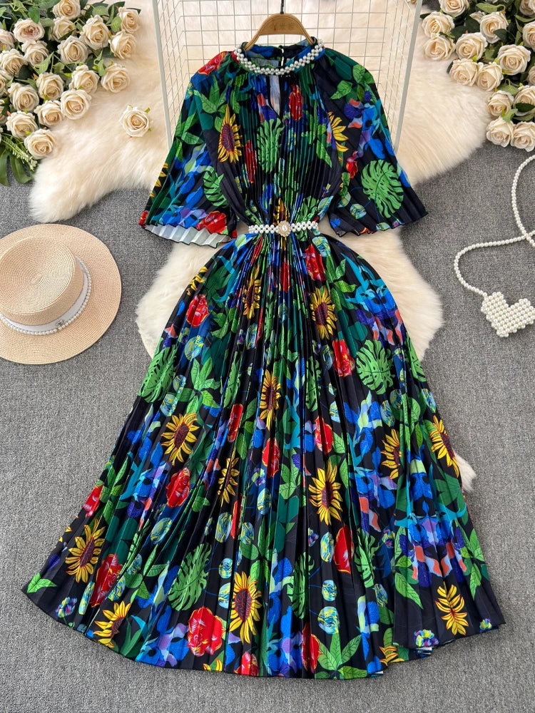 Vibrant Floral Printed Pleated Maxi Dress Boho, Casual Midi Dresses 2025 Spring Summer Dresses 2025