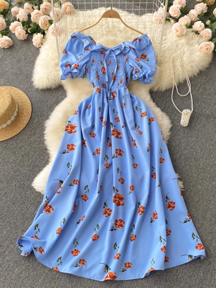 Floral Puff Short Sleeve Blue Maxi Dress, Casual Midi Dresses 2025 Spring Summer Dresses 2025