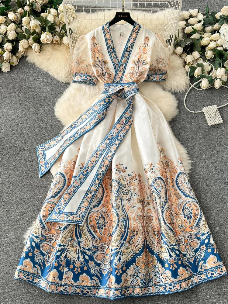 Short Sleeve Floral Paisley Pattern Wrap Maxi Dress, Casual Midi Dresses 2025 Spring Summer Dresses 2025