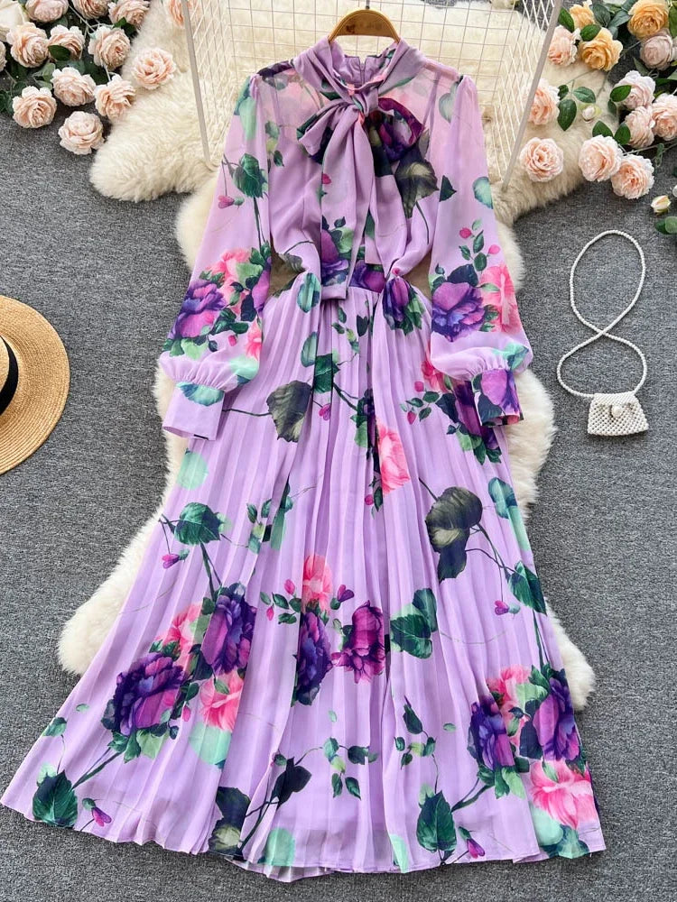 Elegant Lavender Floral Print Long Sleeve Dress, Casual Midi Dresses 2025 Spring Summer Dresses 2025