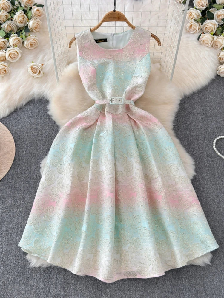 Pastel Floral Sleeveless Dress With Belt Accent