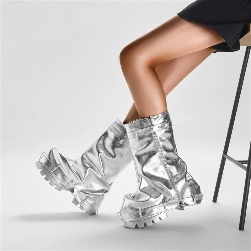 Futuristic Silver High-metallic Platform Ankle Boots on Luulla