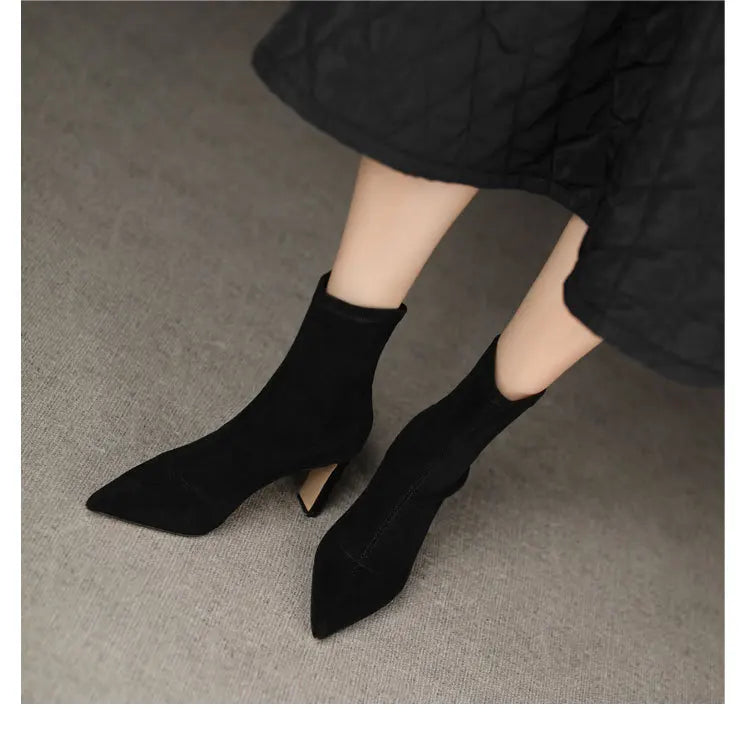 Womens Black Pointed-toe Ankle Sock Boots