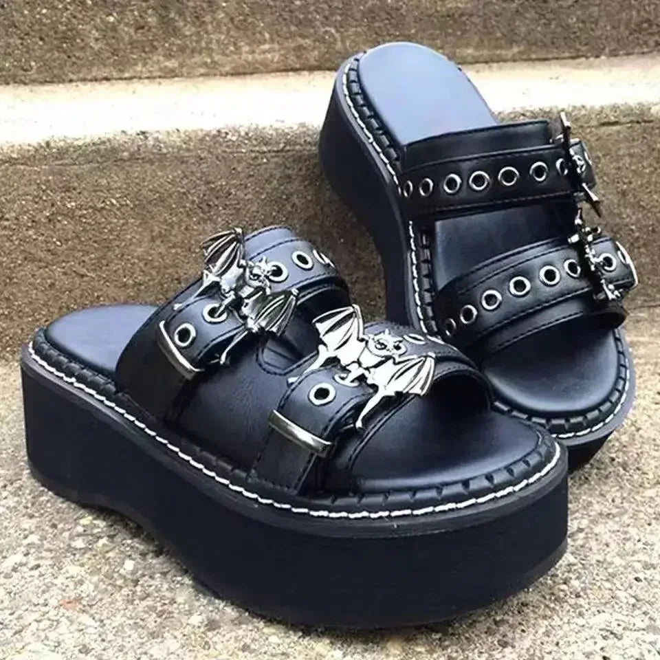 Gothic Black Platform Sandals With Bat Buckles on Luulla display picture 1