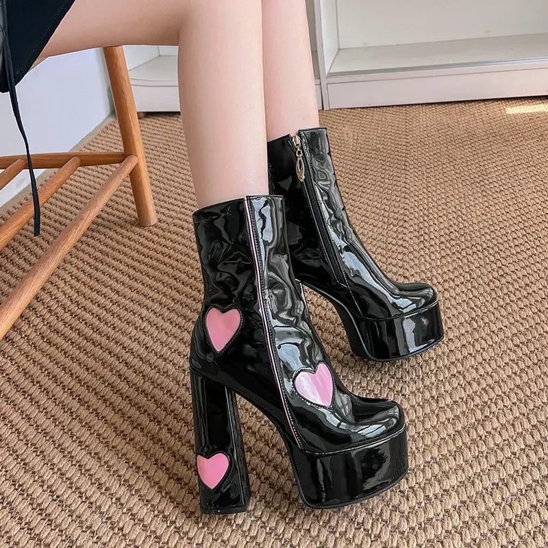 Black Patent Leather Boots With Pink Hearts on Luulla