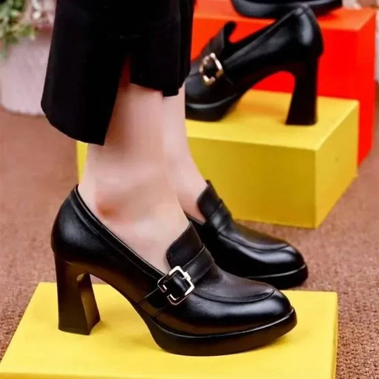 Womens Black Buckle Strap Chunky Heel Loafers
