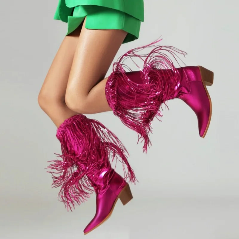 Pink fringe boots shop