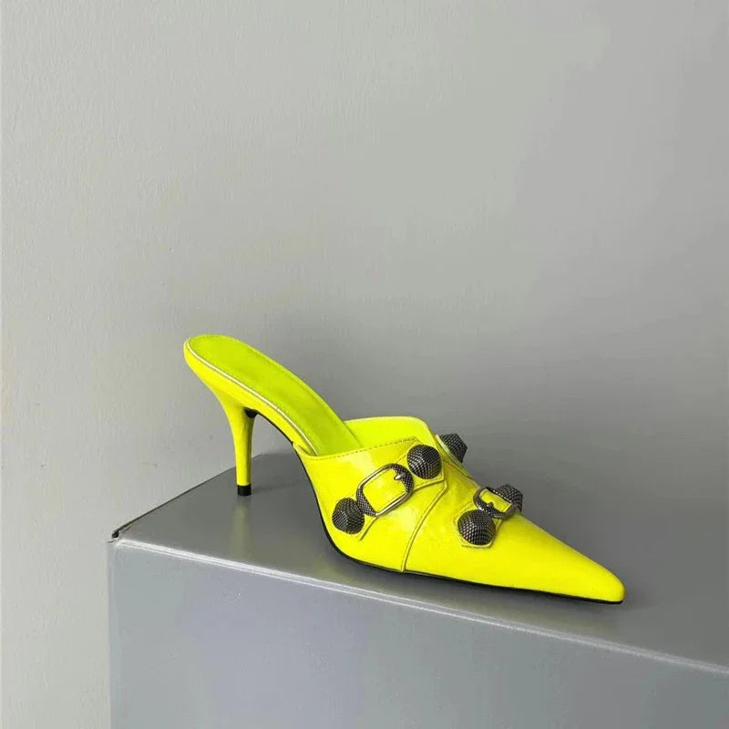 Neon Yellow Buckled Pointed Toe Stiletto Heels on Luulla