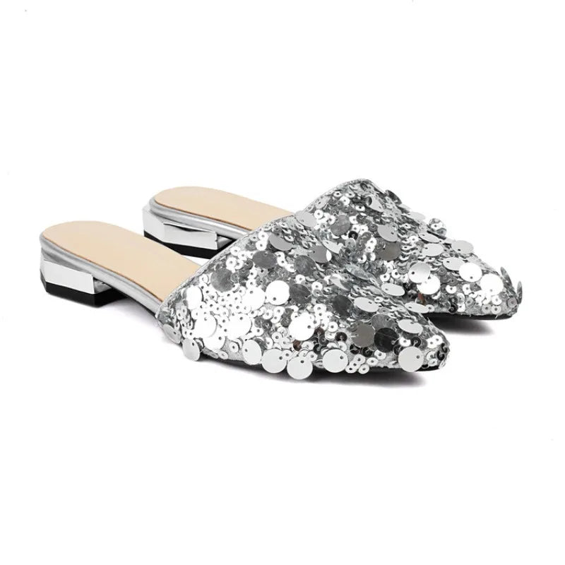 Womens Shiny Silver Sequin Slip on Mules