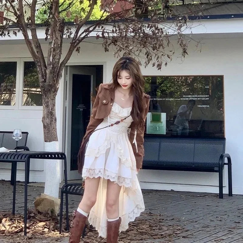 Elegant Bohemian White Lace Dress With Jacket