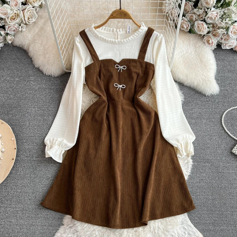 princess polly baby blue dress Brown Corduroy Pinafore Dress with White Blouse