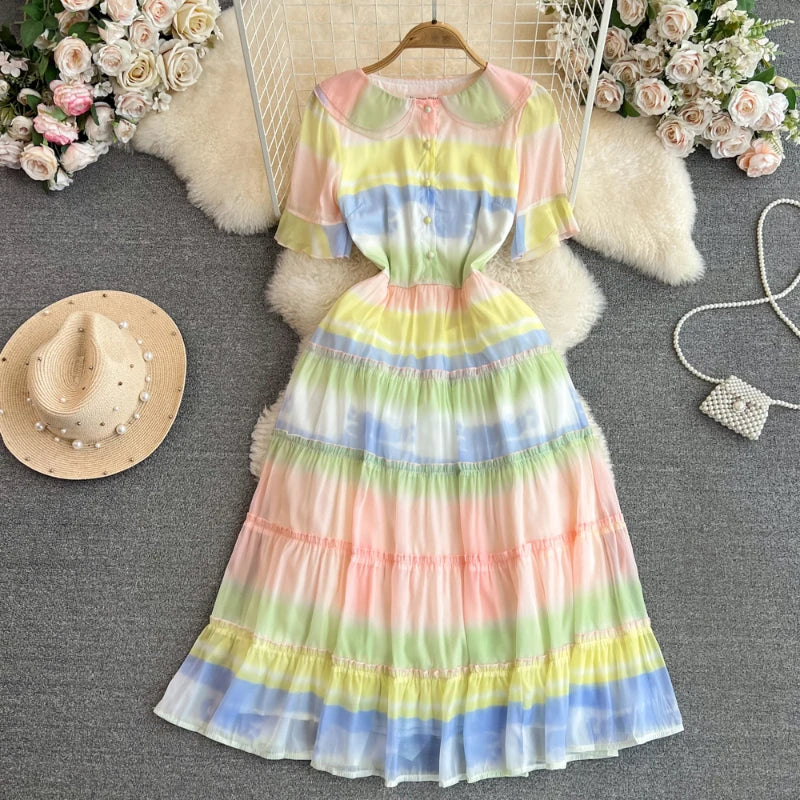 Rainbow Pastel Striped Boho Maxi Dress