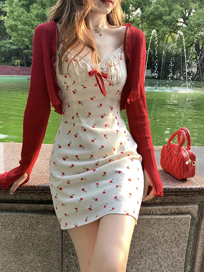 red cardigan dress Red Cardigan With Summer Lace Puffy Dress Set-Up  UrbanSheek