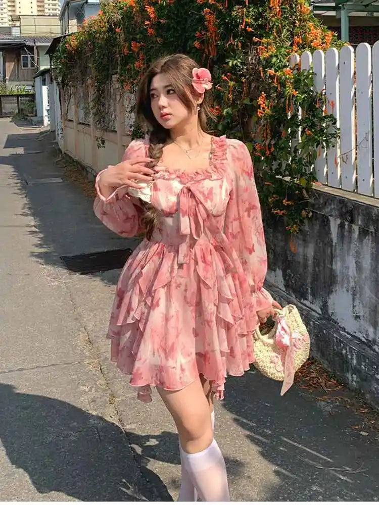 Floral Ruffled Pink Chiffon Dress For Women, Casual Mini