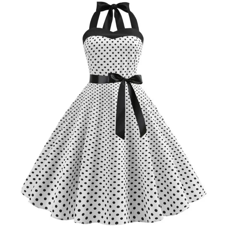Vintage Polka Dot Halter Dress With Bow