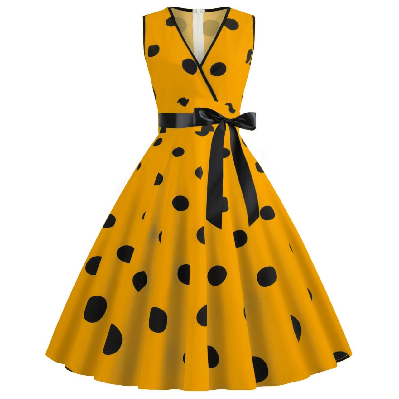 Elegant Yellow Polka Dot Midi Dress