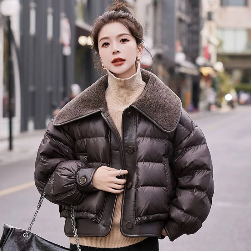 Elegant Leather Puffer Jacket Womens Womens Stylish Faux Leather