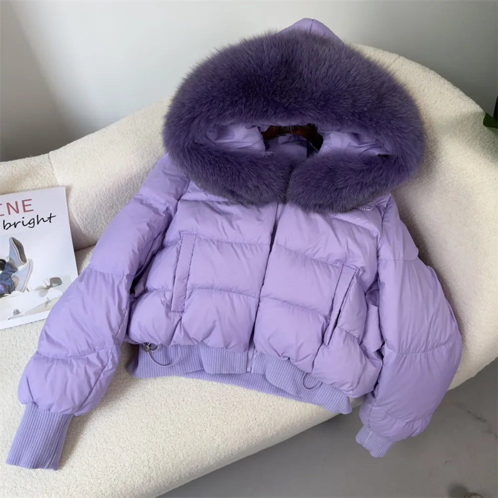 Luxurious Purple Puffer Jacket With Plush Hood on Luulla
