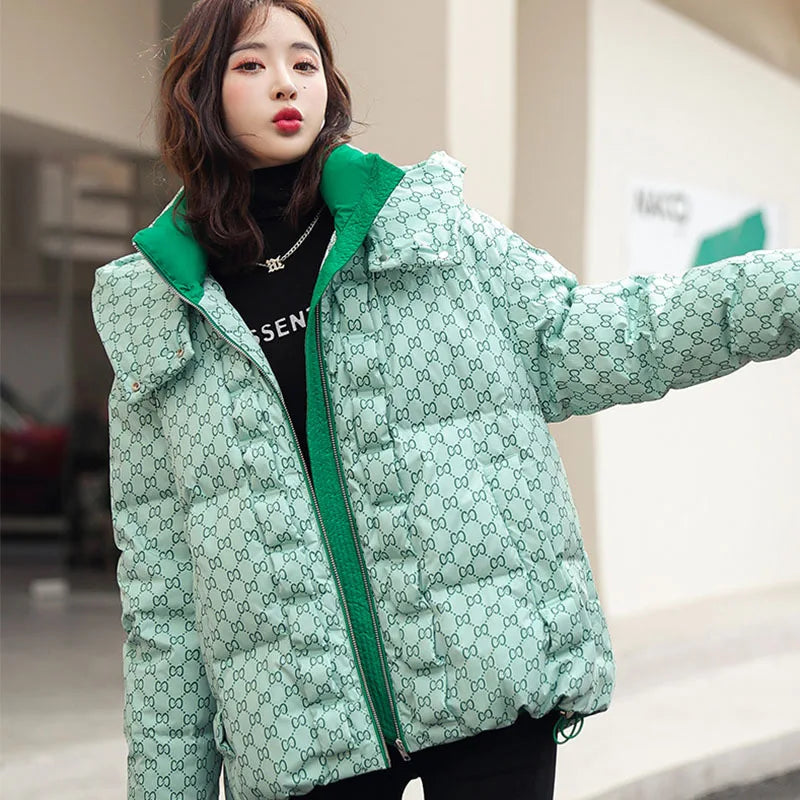 Stylish Green Patterned Winter Puffer Jacket on Luulla
