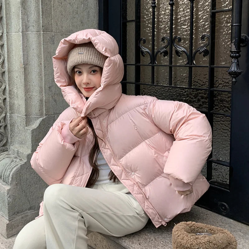 Cozy Pink Hooded Puffer Jacket For Women E on Luulla