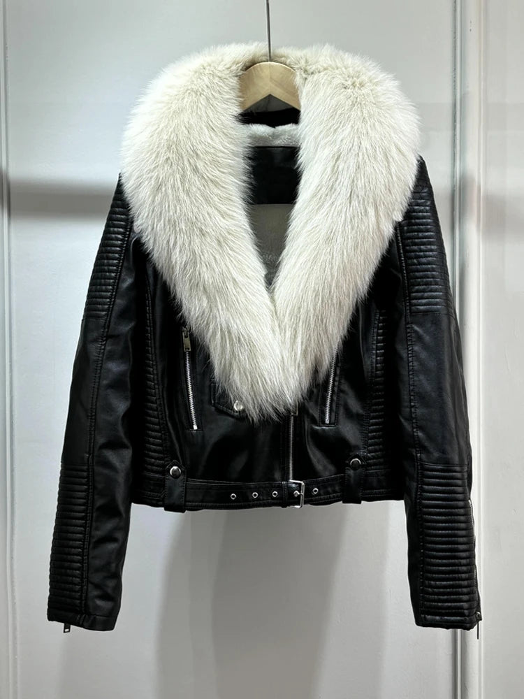 Black Leather Jacket With Plush Fur Collar on Luulla
