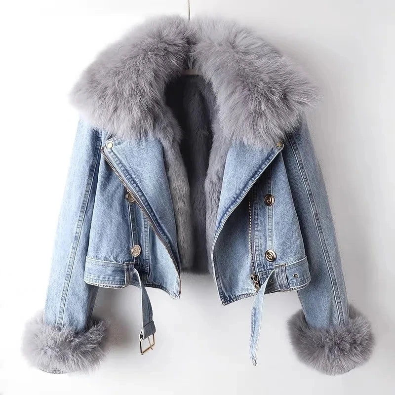 Womens Denim Jacket With Faux Fur Trim E on Luulla