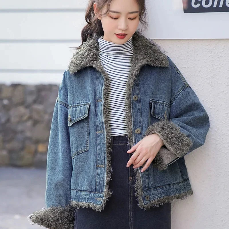Cozy Vintage Denim Jacket With Fleece Lining on Luulla