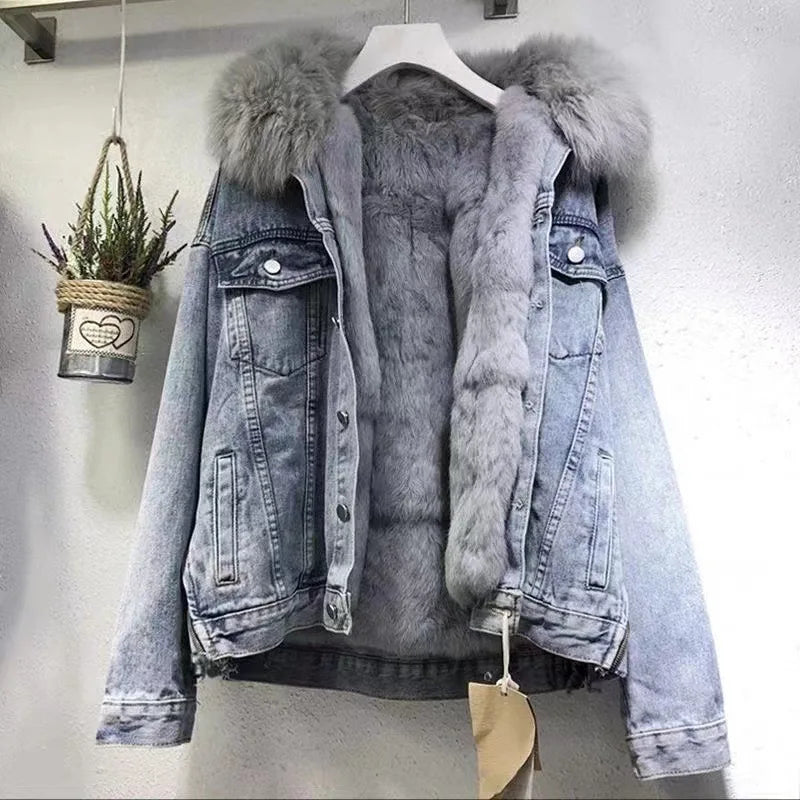 Long faux fur lined trucker jacket best sale