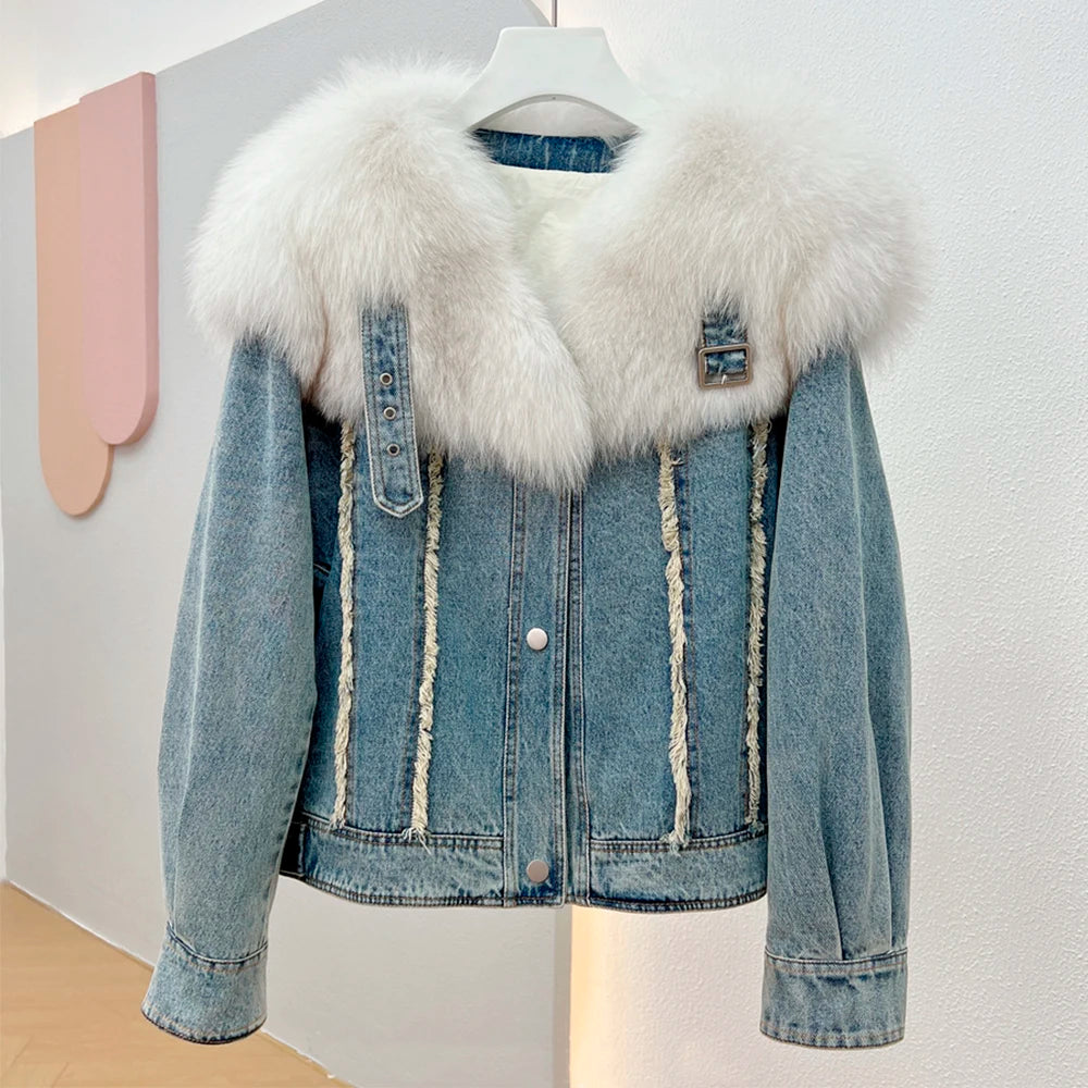 Denim jacket with fluffy collar top