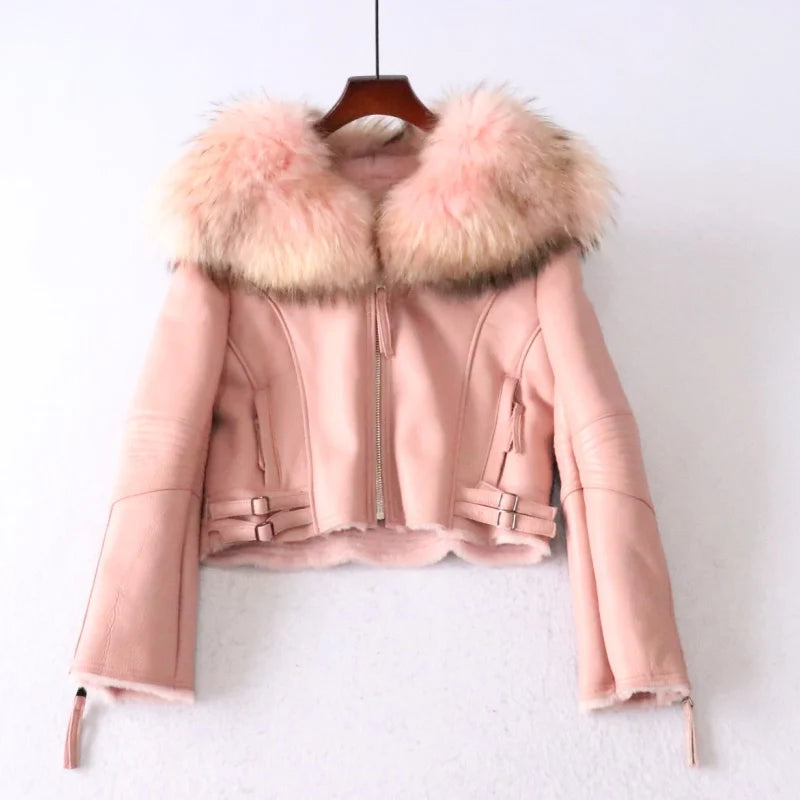 Stylish Pink O Neck Buckle Faux Fur Coat Winter YY002