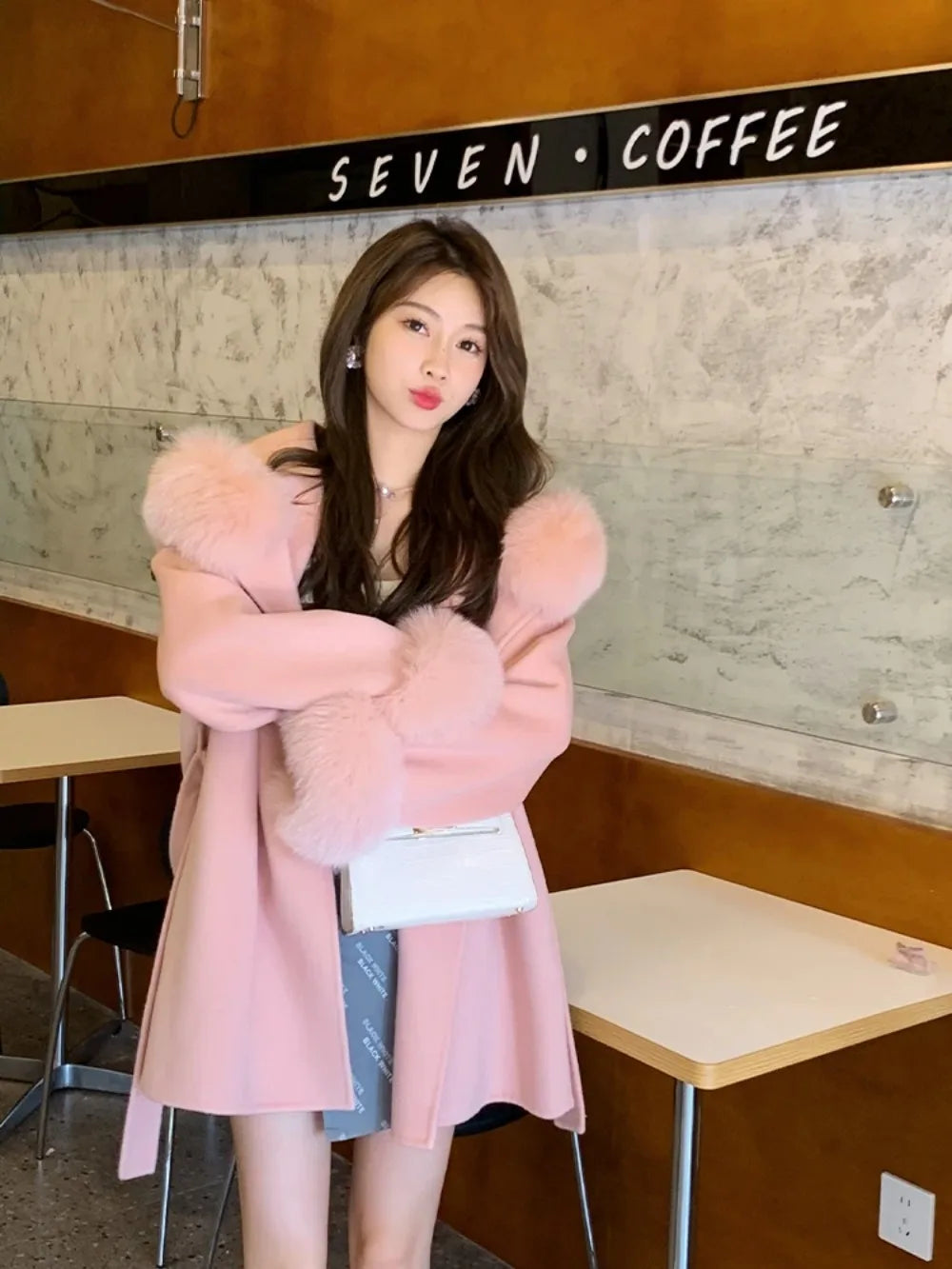 Chic Pink Fur-trimmed Winter Coat For Women on Luulla