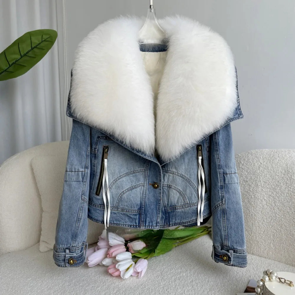 Denim jacket with fluffy collar clearance