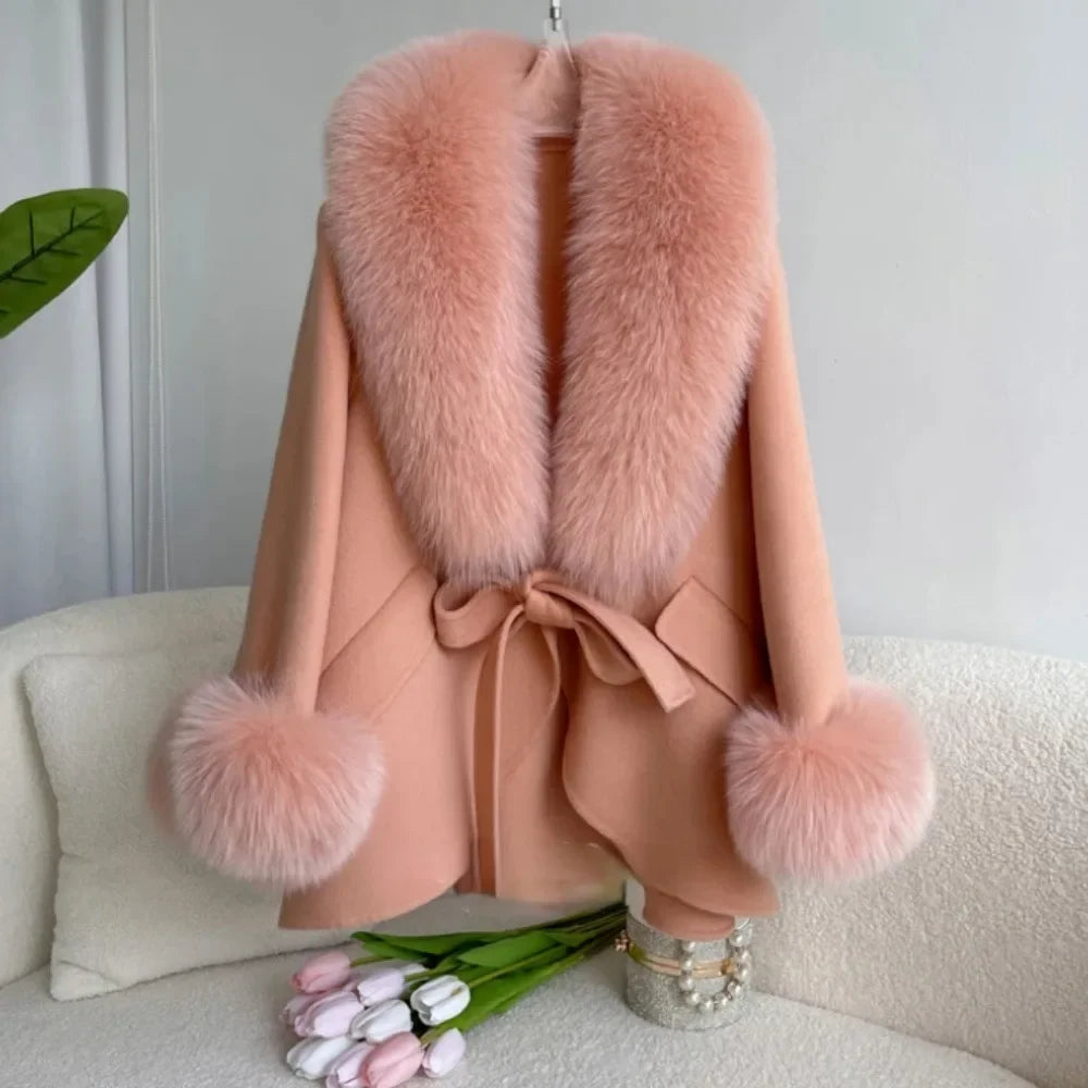 Plush Fur Collar And Cuff Pink Coat